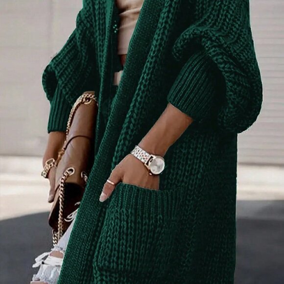 Green Preppy Womens Solid Color Drop Shoulder Cardigan With Double Po… - Picture 3 of 4